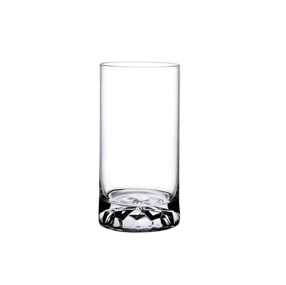 Four NUDE Glass Club medium highball glasses arranged on a neutral background, showcasing their thick weighted crystal bases.