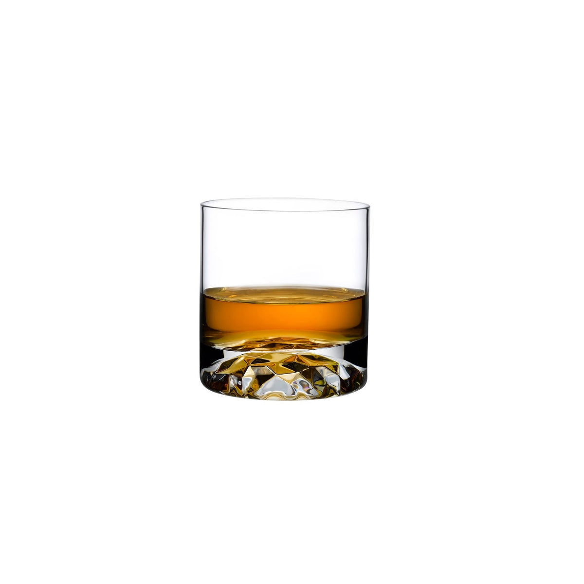 Set of four NUDE Glass Club crystal whisky tumblers on a minimal surface.