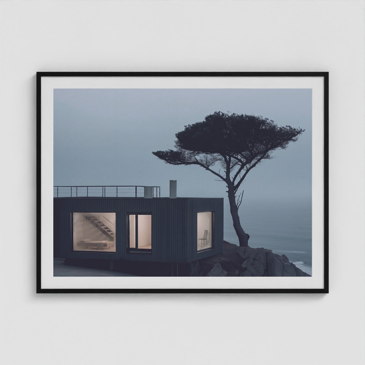 Coastal Cabin 48x36 Black Landscape Box Frame