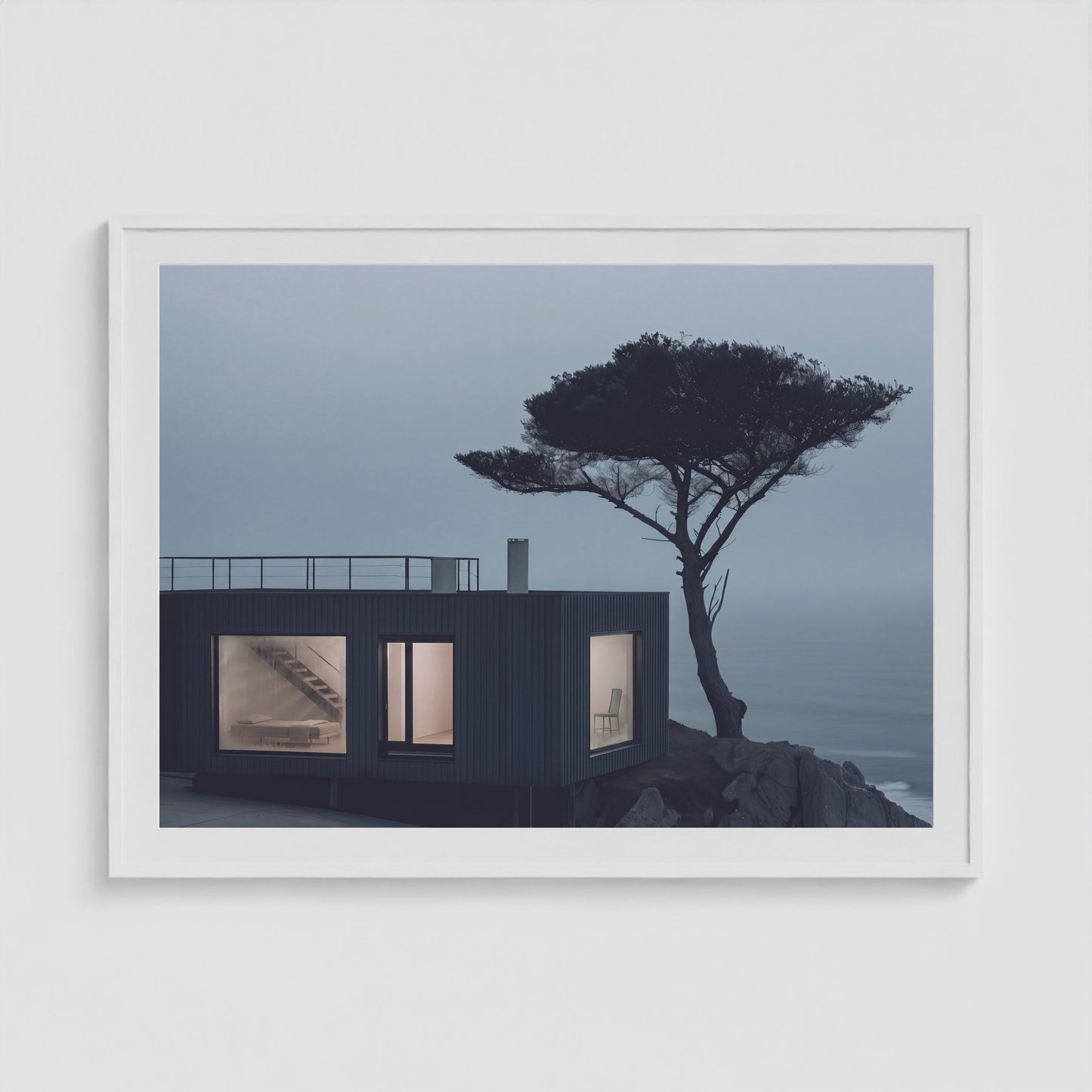Coastal Cabin 48x36 White Landscape Box Frame