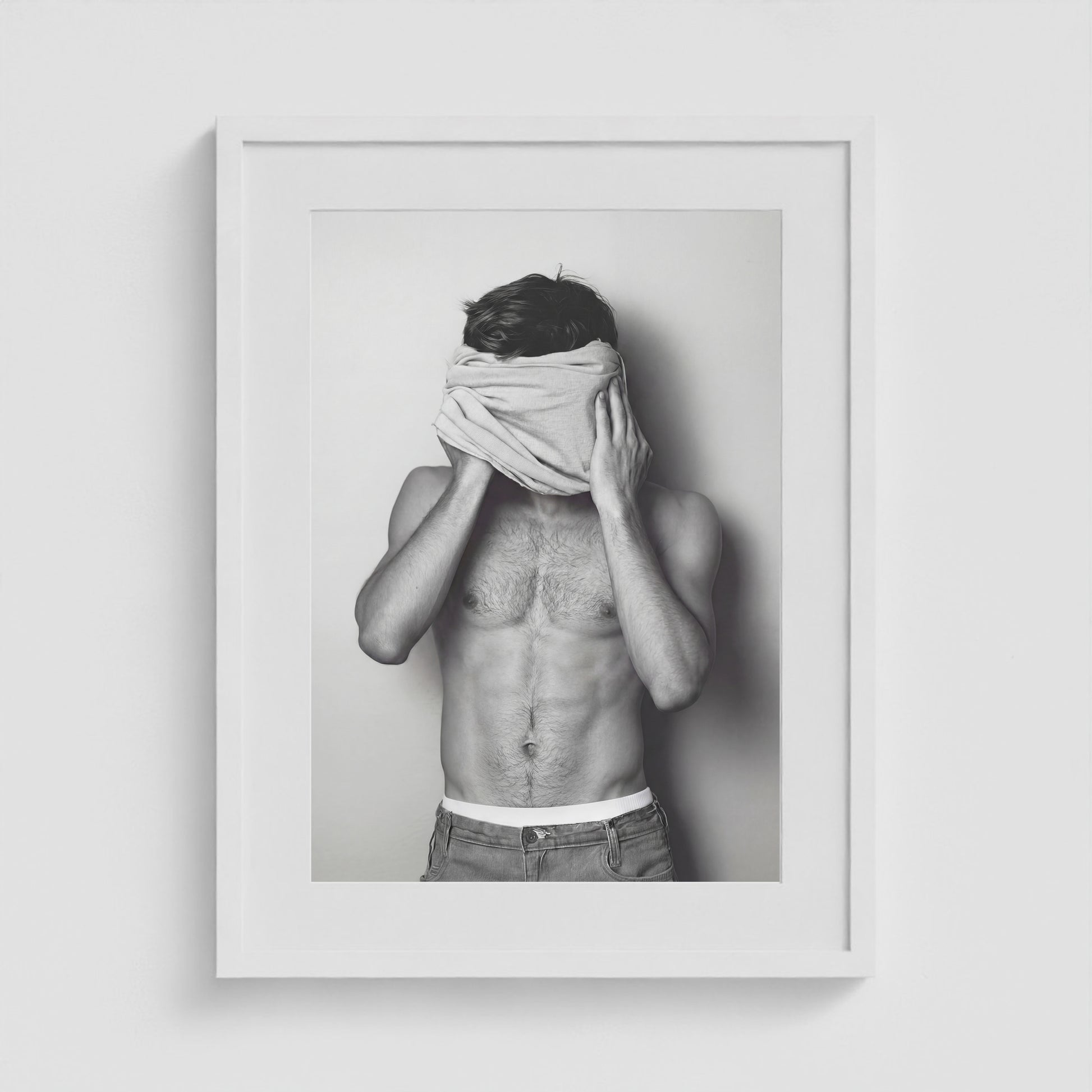 Concealed Male Portrait in Tonal Black and White 18x24 White Box Frame Mockup