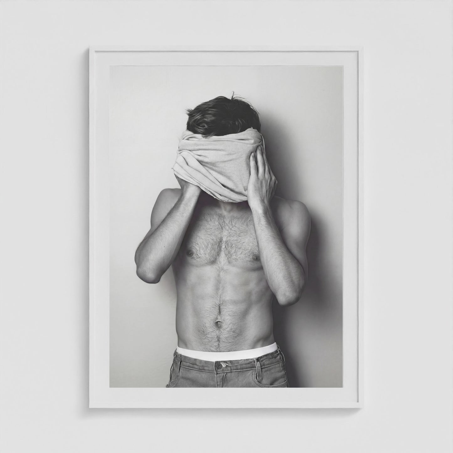 Concealed Male Portrait in Tonal Black and White 36x48 White Box Frame Mockup