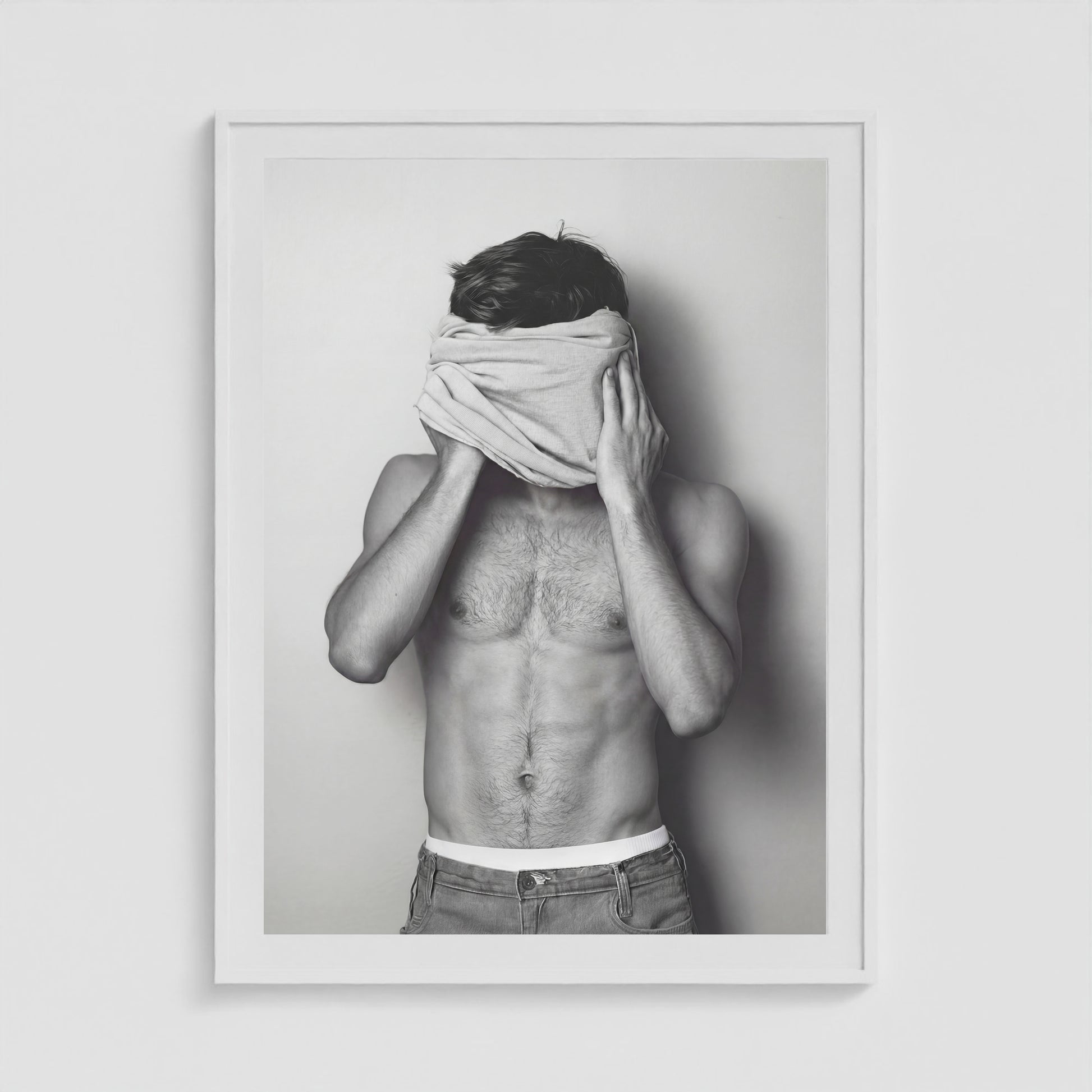 Concealed Male Portrait in Tonal Black and White 36x48 White Box Frame Mockup