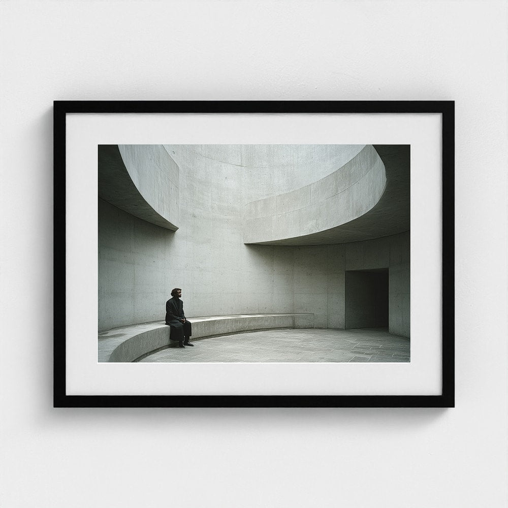 Solitary Figure on Concrete Bench print in a 24x18 black landscape frame, displayed on a gallery wall mockup