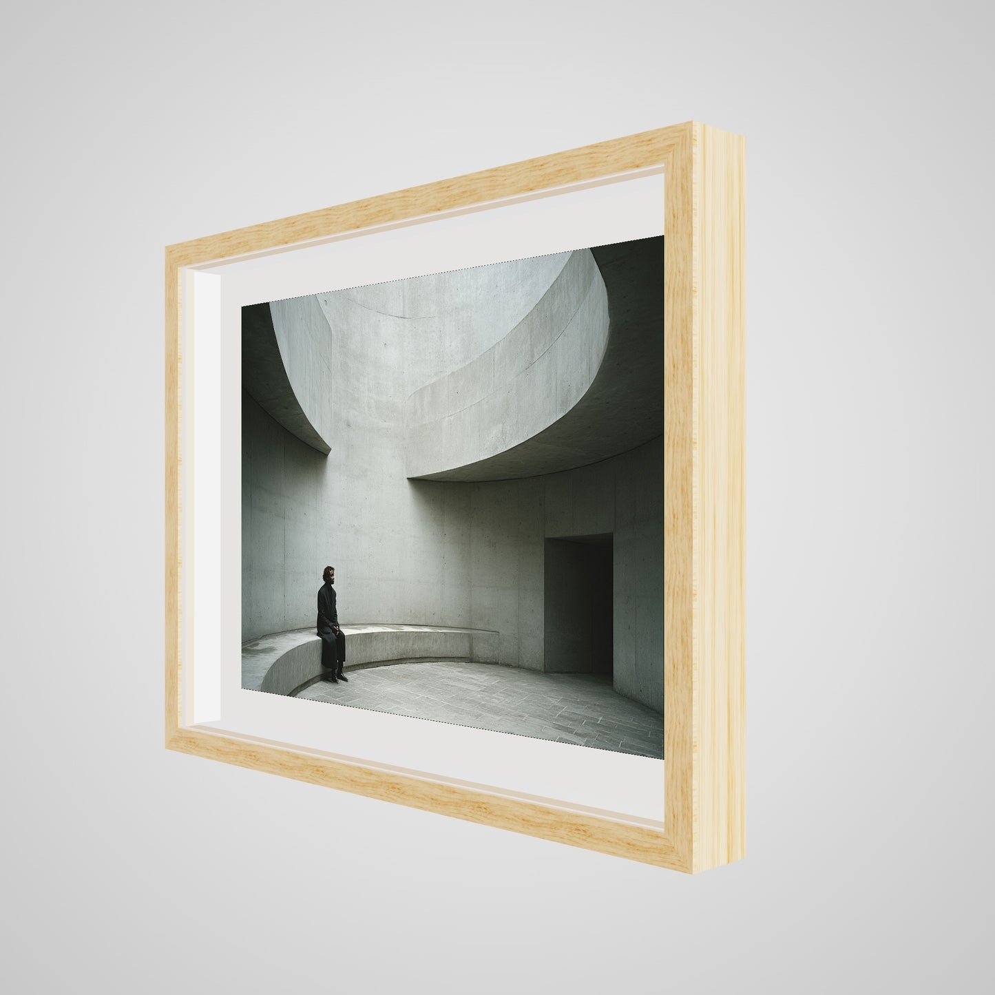 Angled detail view of minimalist art print in a 24x18 deep natural oak spacer frame
