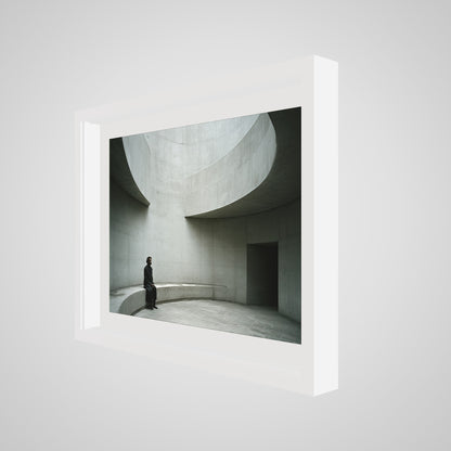 Angled detail view of modern architectural print in a 24x18 deep white spacer frame