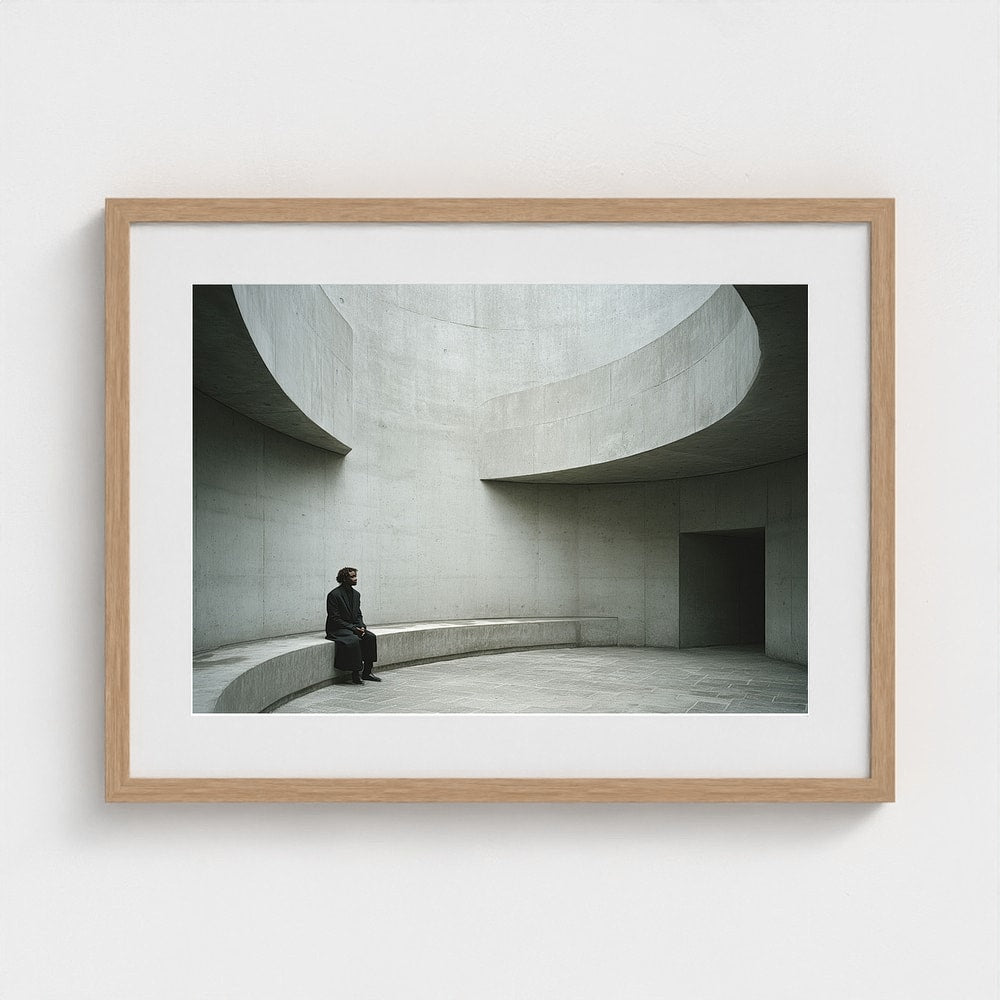 Minimalist concrete curves artwork in a 24x18 natural wood landscape frame, modern living room mockup