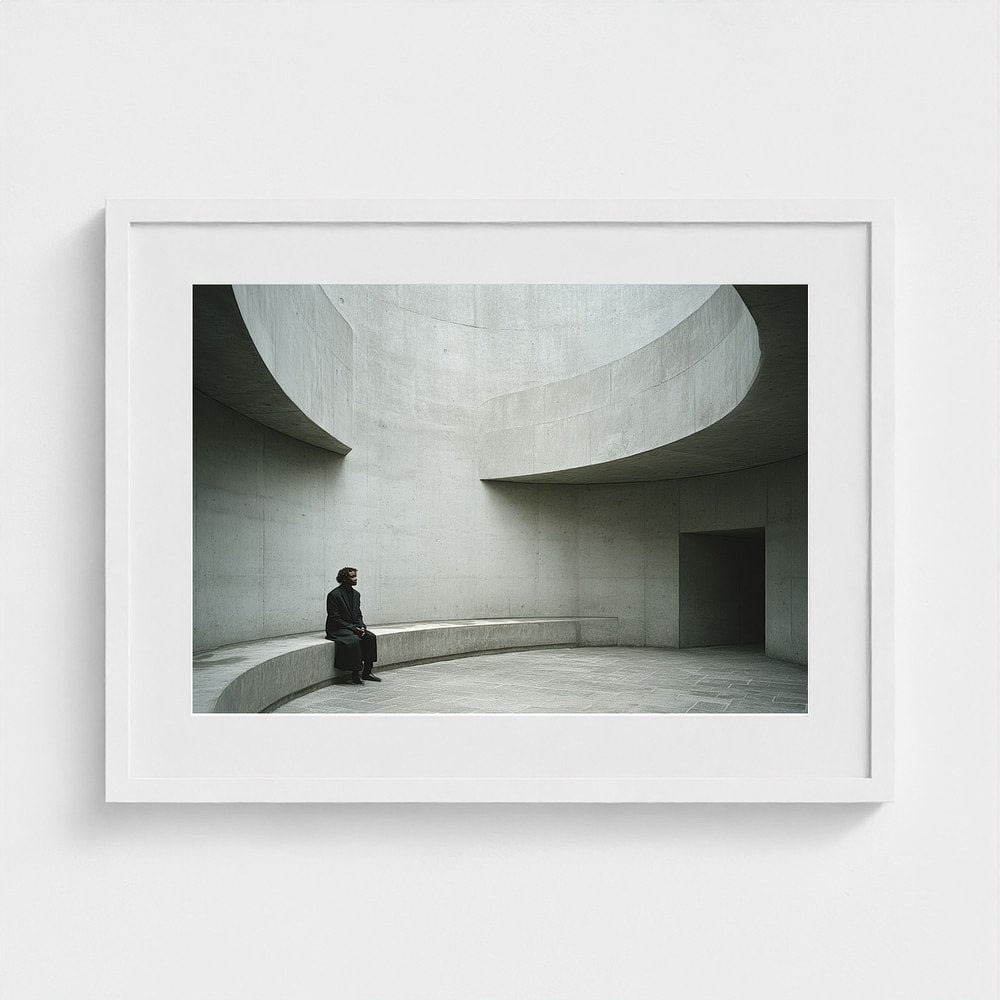 Architectural landscape print in a 24x18 white frame, hung above a contemporary sofa mockup