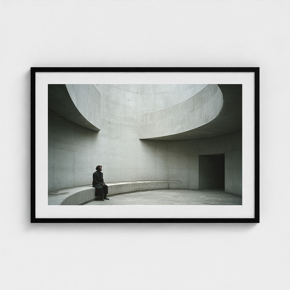 Large 36x24 black framed architectural art print featuring a solitary figure on a concrete bench in a mockup