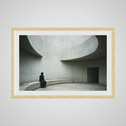 Front view of minimalist concrete curves print in a 36x24 deep natural oak spacer frame