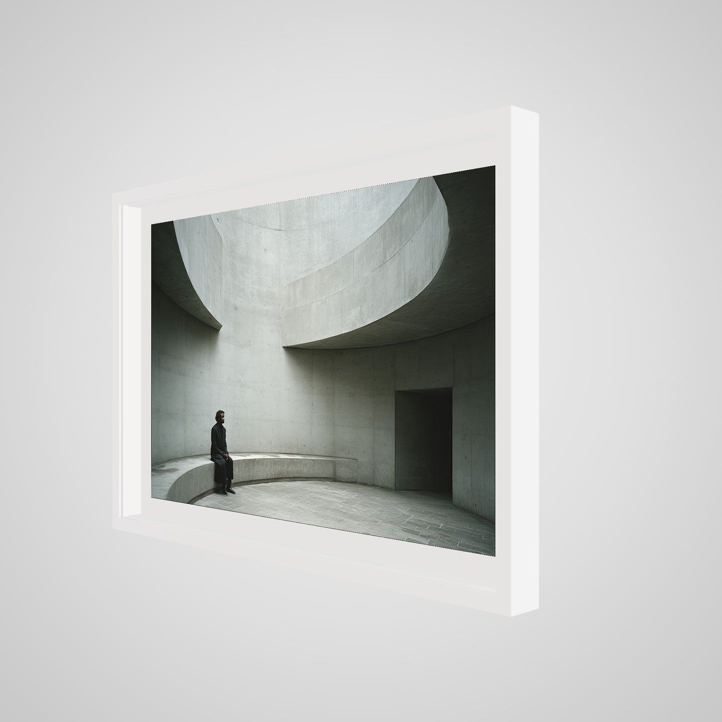 Angled detail view of minimalist architectural print in a 36x24 deep white spacer frame