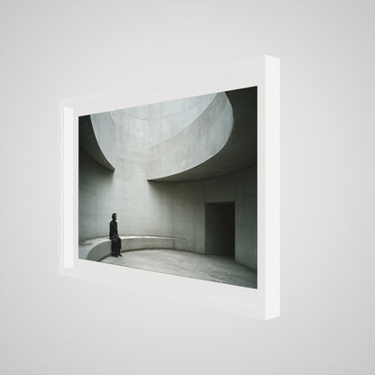 Angled detail view of minimalist architectural print in a 36x24 deep white spacer frame