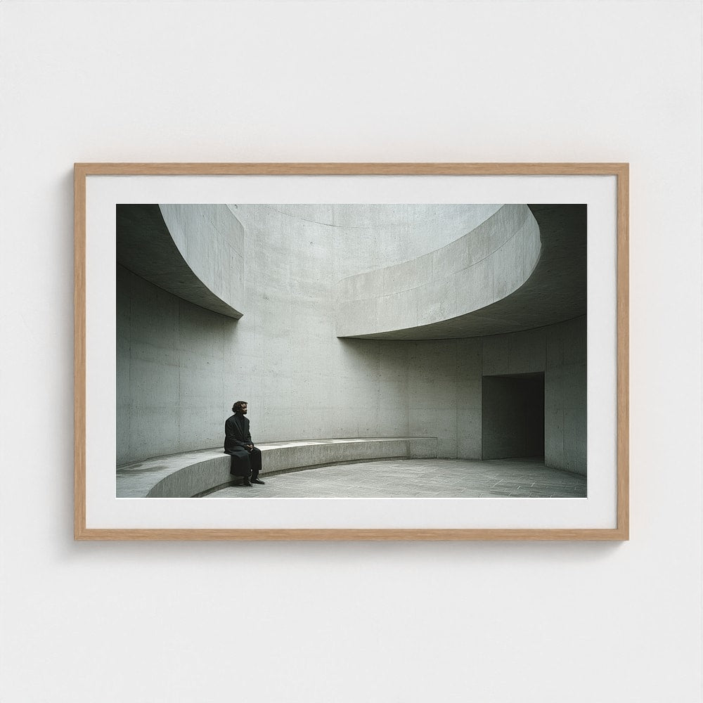 Solitary figure on a concrete bench art print in a 36x24 natural oak frame, styled in a modern entryway