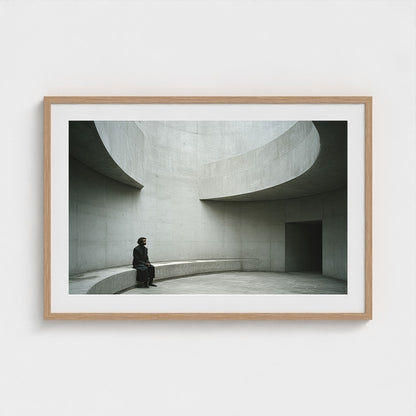 Solitary figure on a concrete bench art print in a 36x24 natural oak frame, styled in a modern entryway