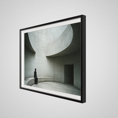 Angled profile of large 48x36 deep black spacer frame with concrete curves art print