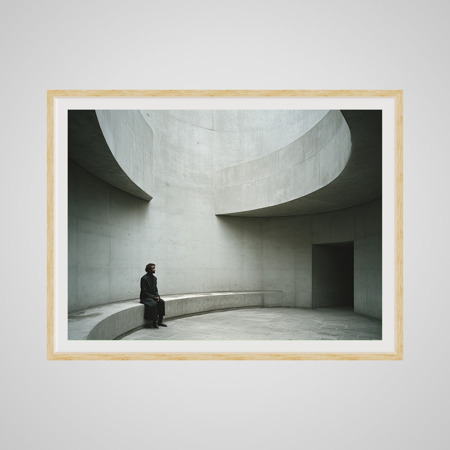 Front view of large minimalist figure print in a 48x36 deep natural oak spacer frame