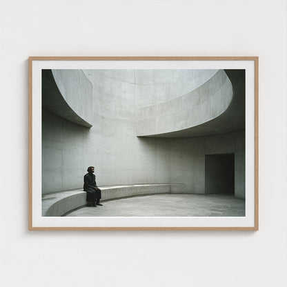 Oversized 48x36 natural wood framed architectural artwork in a bright minimalist gallery mockup