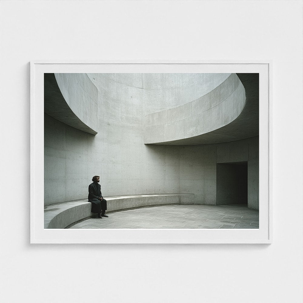 Large 48x36 white framed print depicting a figure on a concrete bench, styled in a Japandi living space