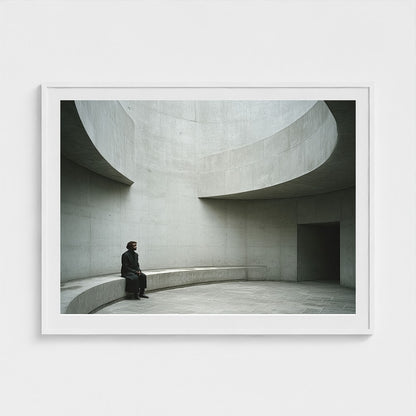 Large 48x36 white framed print depicting a figure on a concrete bench, styled in a Japandi living space