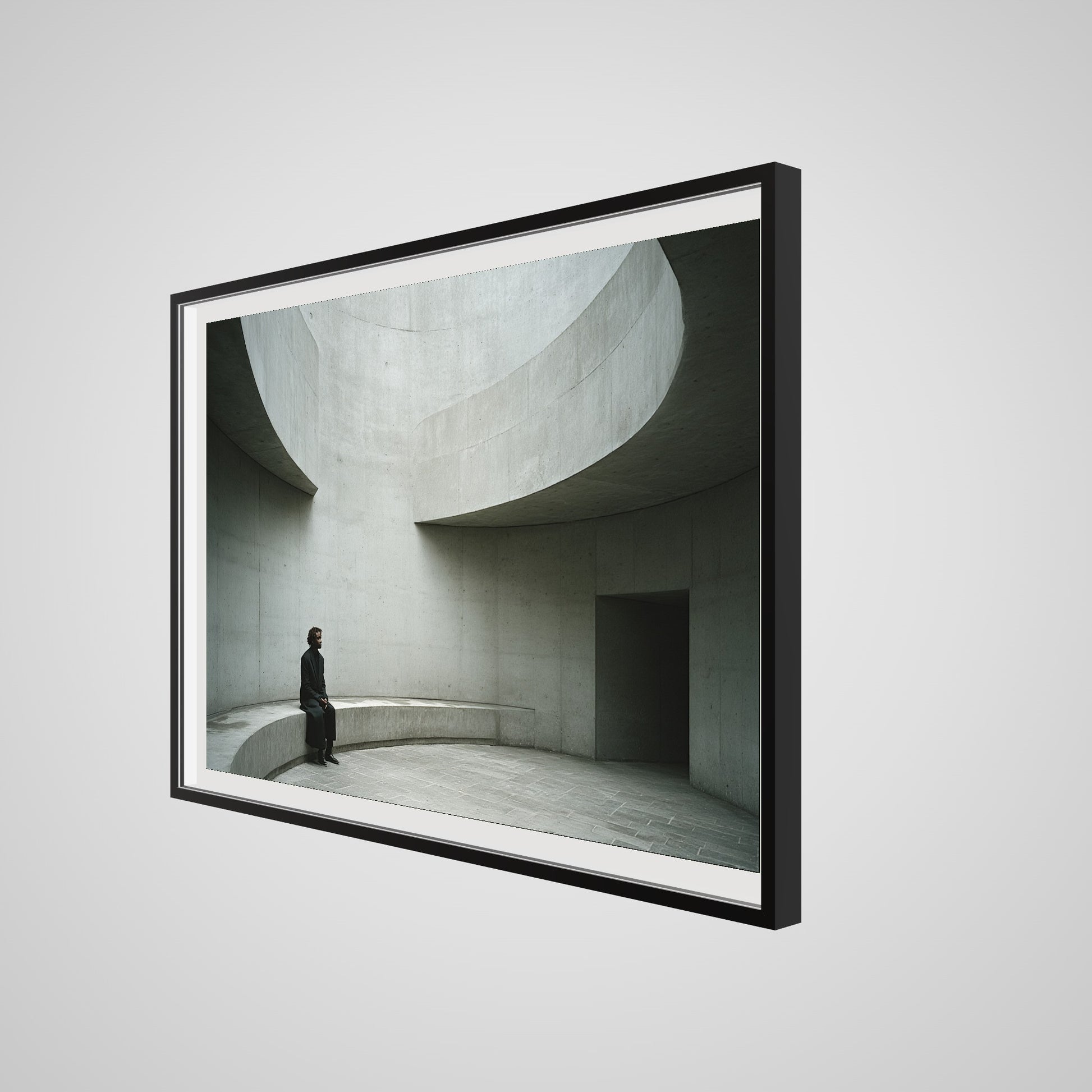Angled profile of grand 60x40 deep black spacer frame showcasing archival art presentation