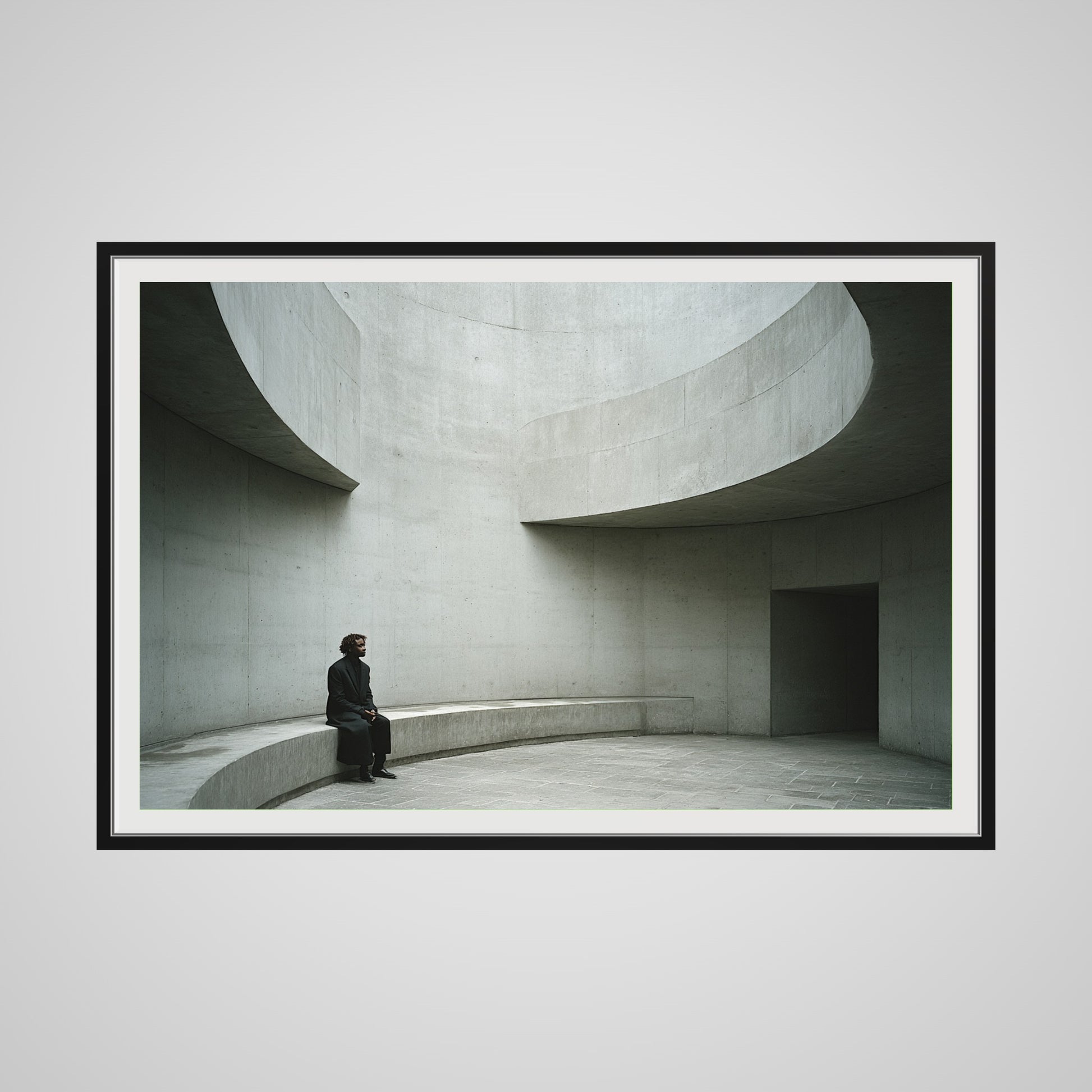 Front view of exhibition scale concrete curves print in a 60x40 deep black spacer frame