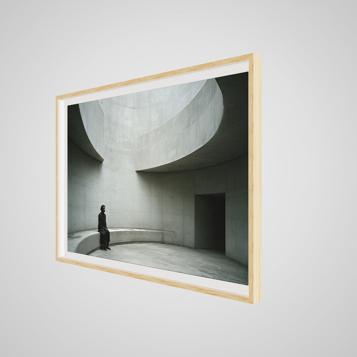 Angled detail of a museum-grade 60x40 deep natural oak spacer frame with fine art print