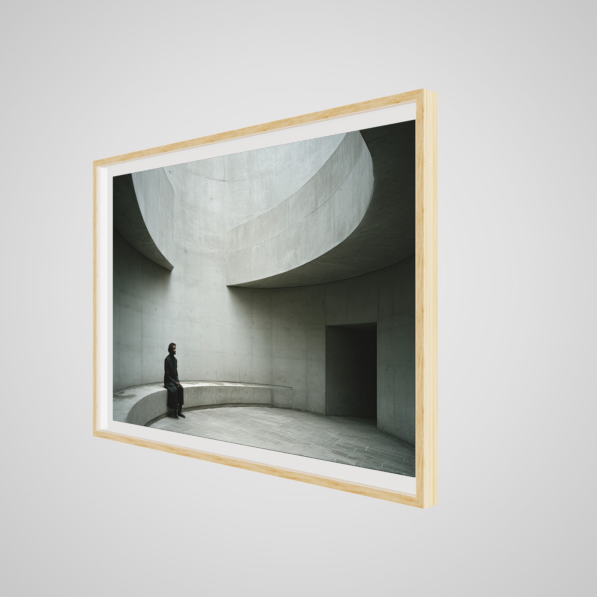 Angled detail of a museum-grade 60x40 deep natural oak spacer frame with fine art print