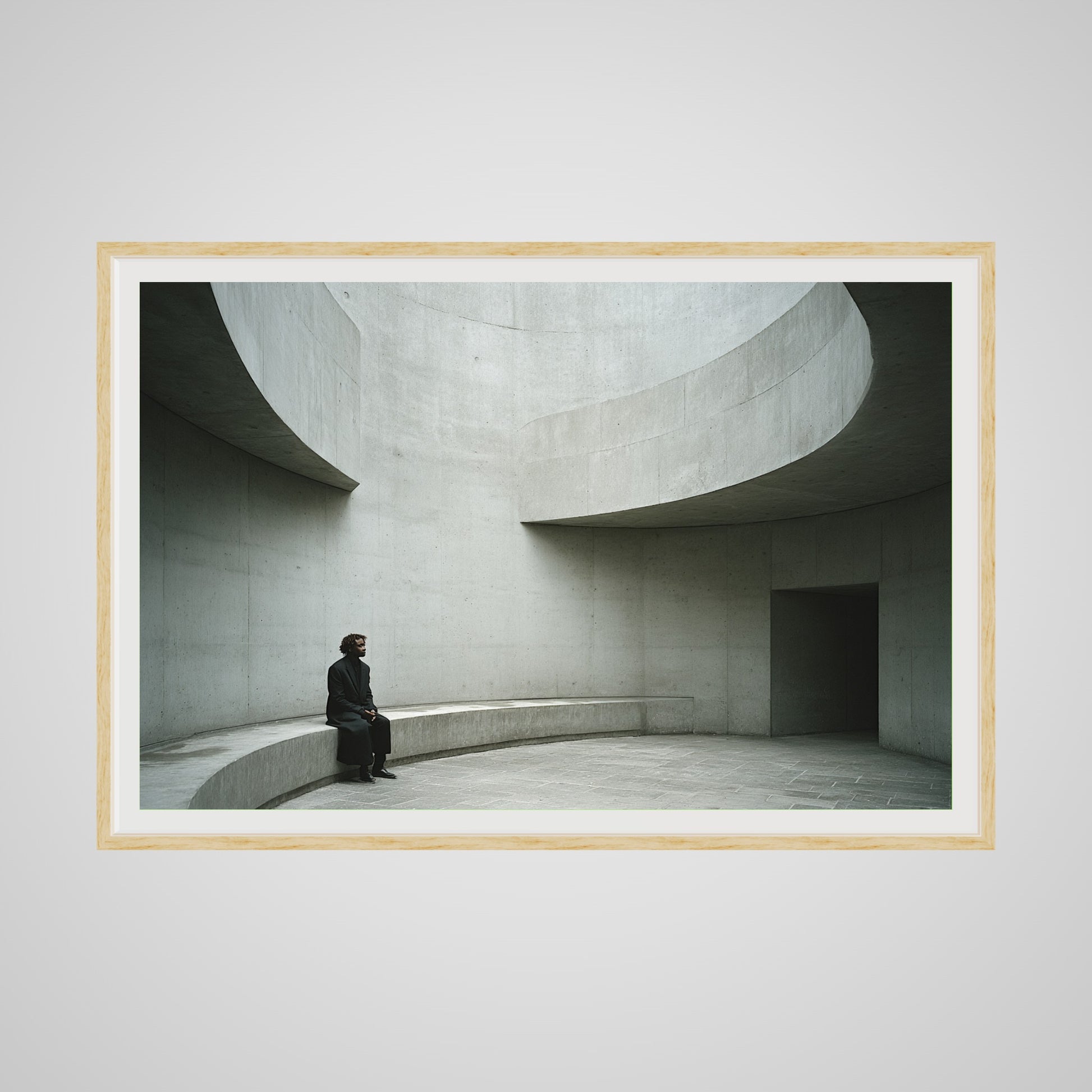 Front view of dramatic 60x40 architectural artwork in a deep natural oak spacer frame