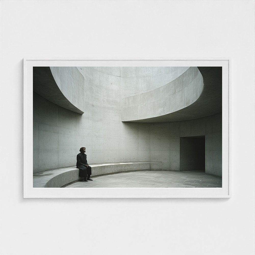 Grand scale 60x40 white landscape framed minimalist print on a neutral plaster wall mockup