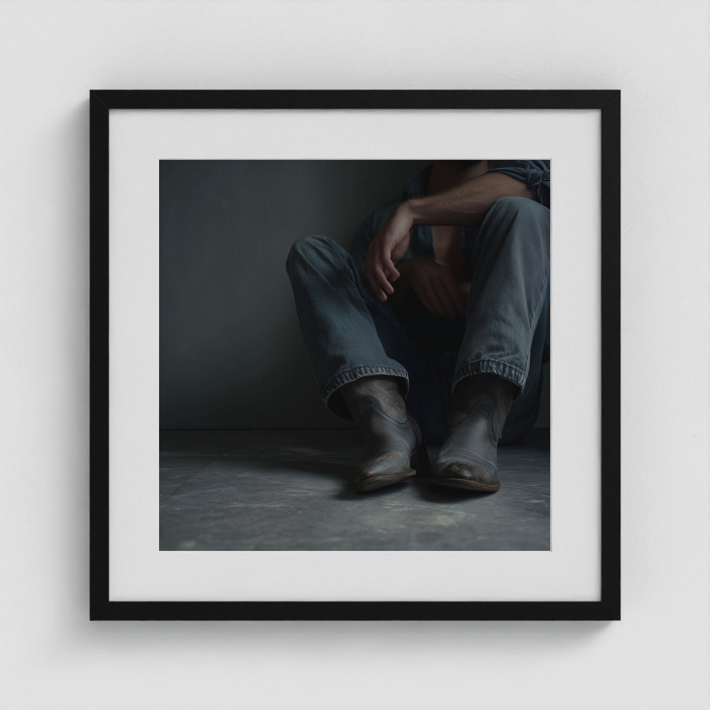 Contemplative Denim and Cowboy Boots Floor Portrait 20x20 Black Box Frame Mockup
