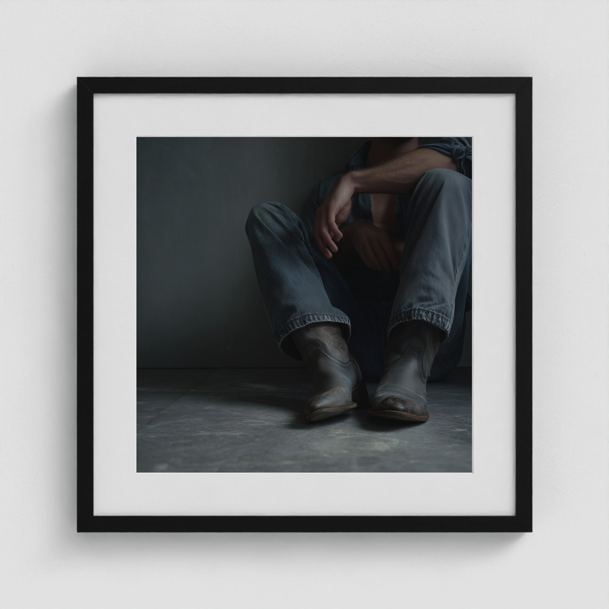 Contemplative Denim and Cowboy Boots Floor Portrait 20x20 Black Box Frame Mockup