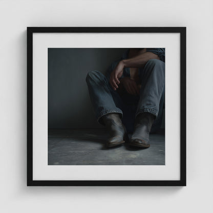 Contemplative Denim and Cowboy Boots Floor Portrait 20x20 Black Box Frame Mockup