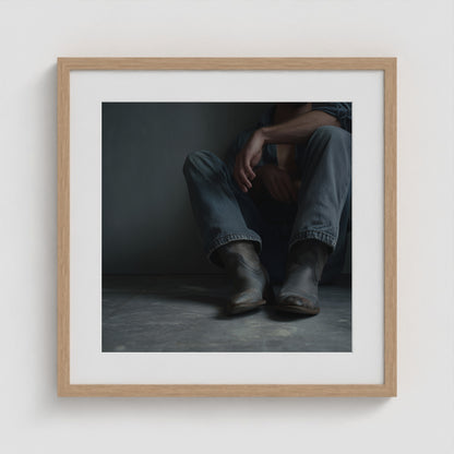 Contemplative Denim and Cowboy Boots Floor Portrait 20x20 Natural Box Frame Mockup