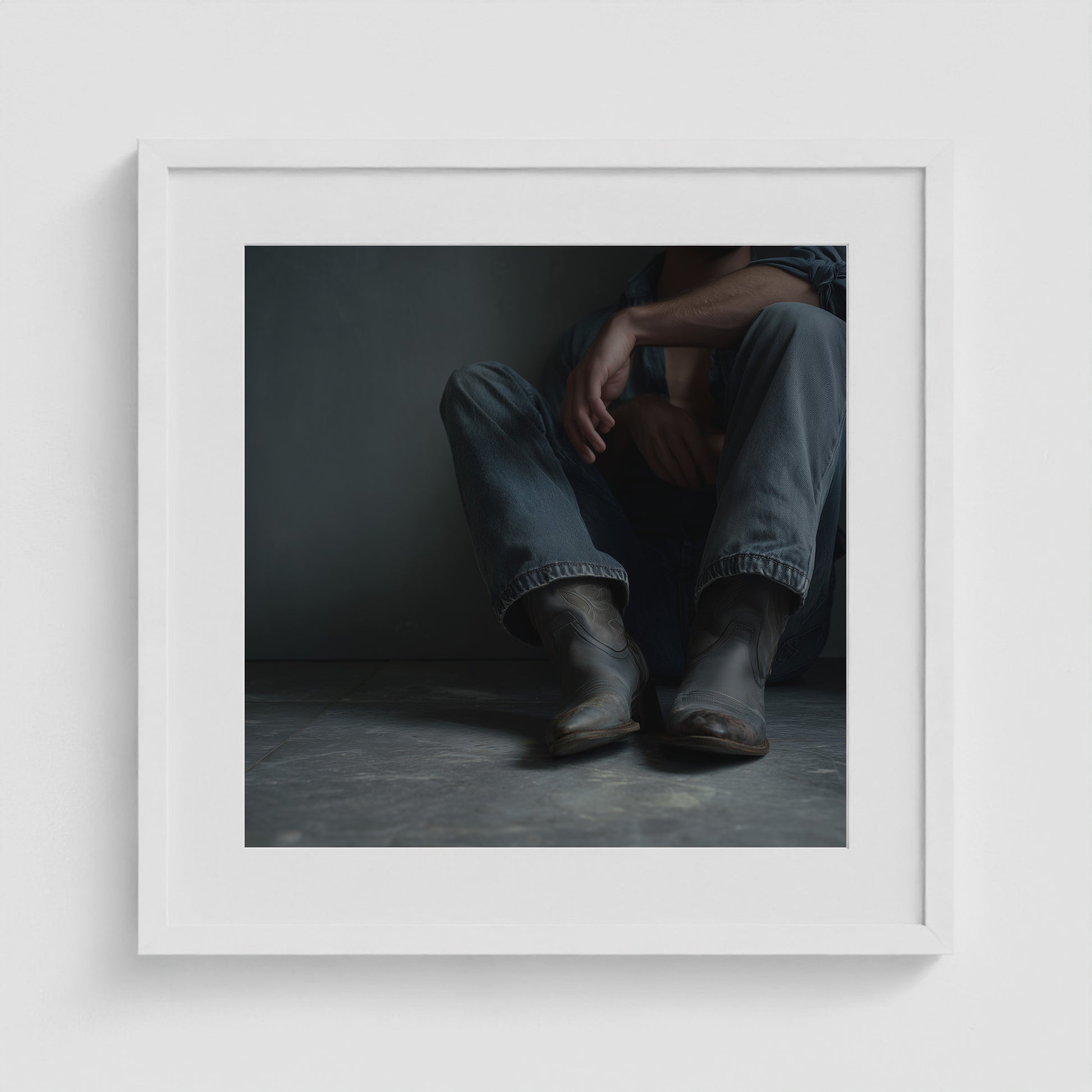 Contemplative Denim and Cowboy Boots Floor Portrait 20x20 White Box Frame Mockup