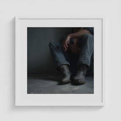 Contemplative Denim and Cowboy Boots Floor Portrait 20x20 White Box Frame Mockup