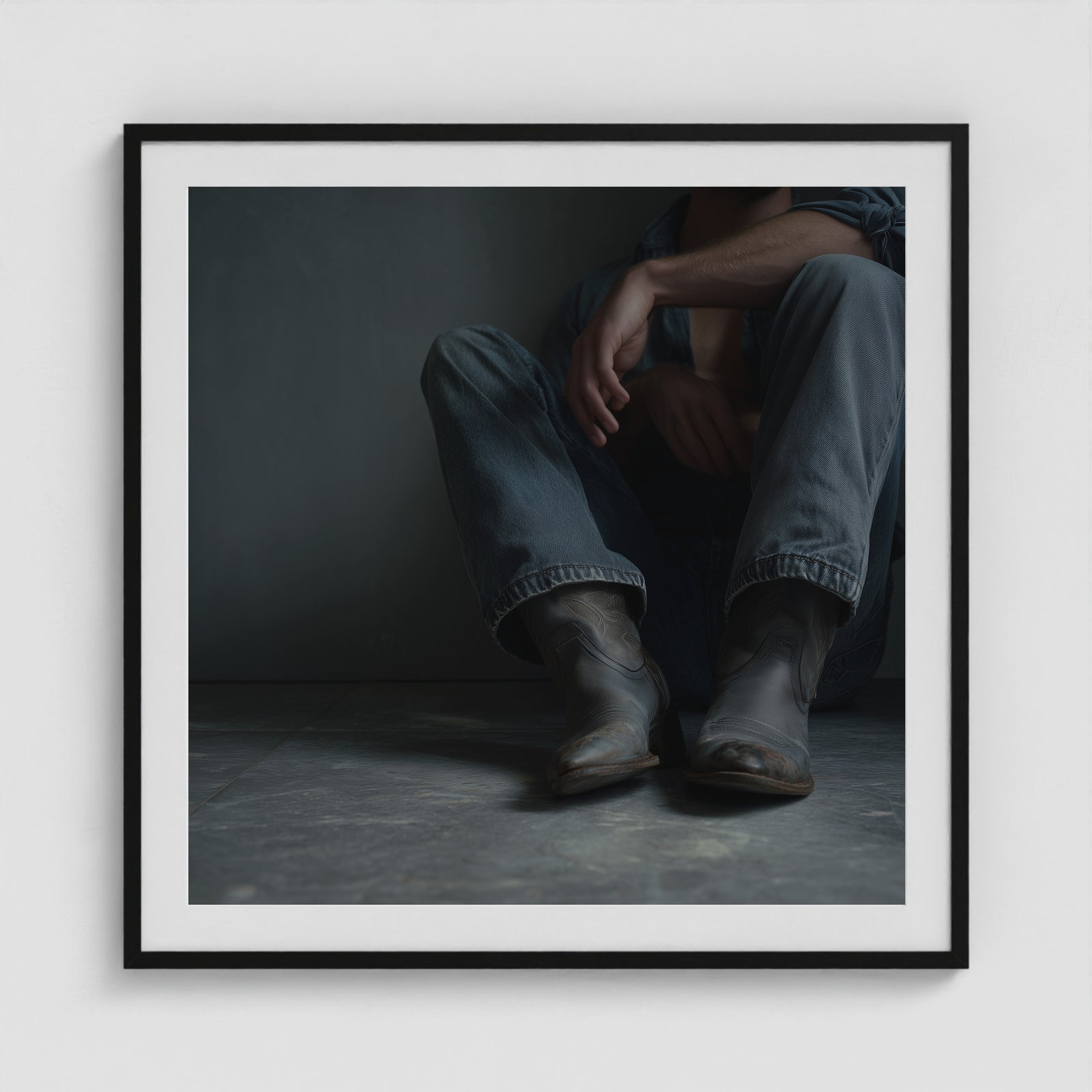 Contemplative Denim and Cowboy Boots Floor Portrait 36x36 Black Box Frame Mockup