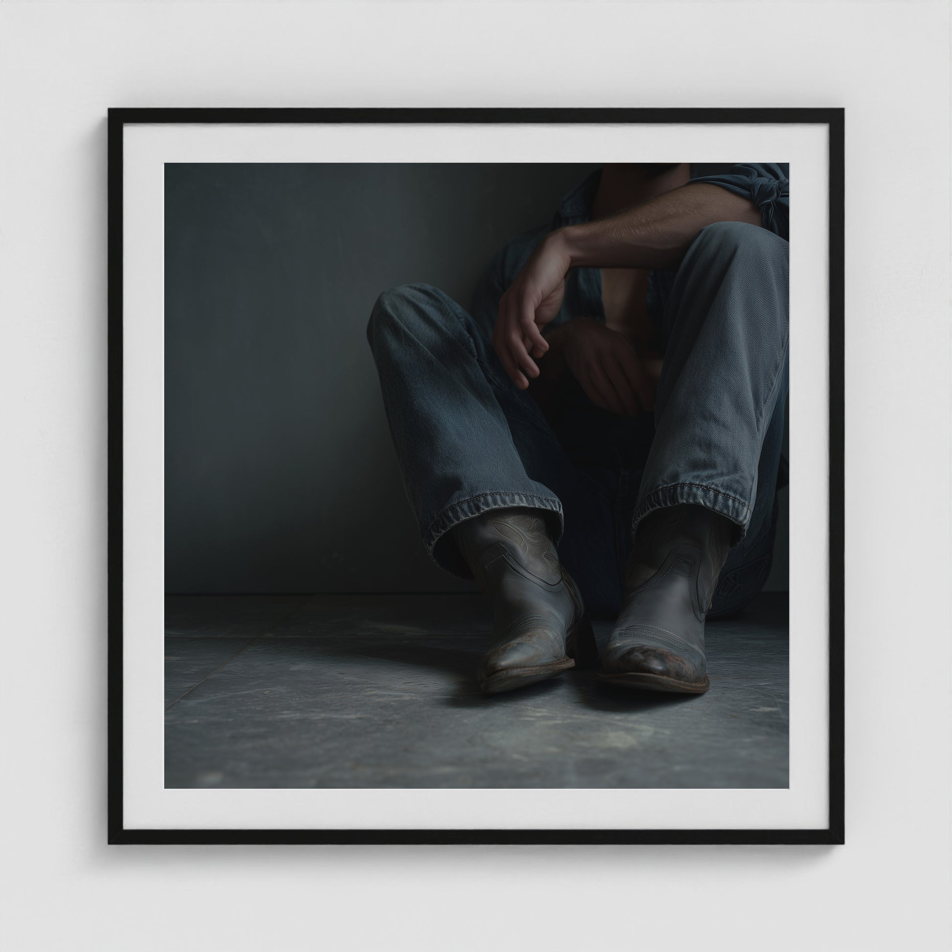 Contemplative Denim and Cowboy Boots Floor Portrait 36x36 Black Box Frame Mockup