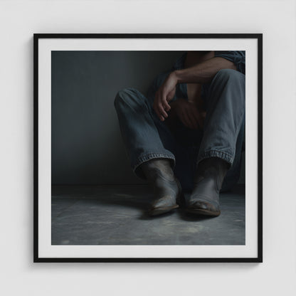 Contemplative Denim and Cowboy Boots Floor Portrait 36x36 Black Box Frame Mockup