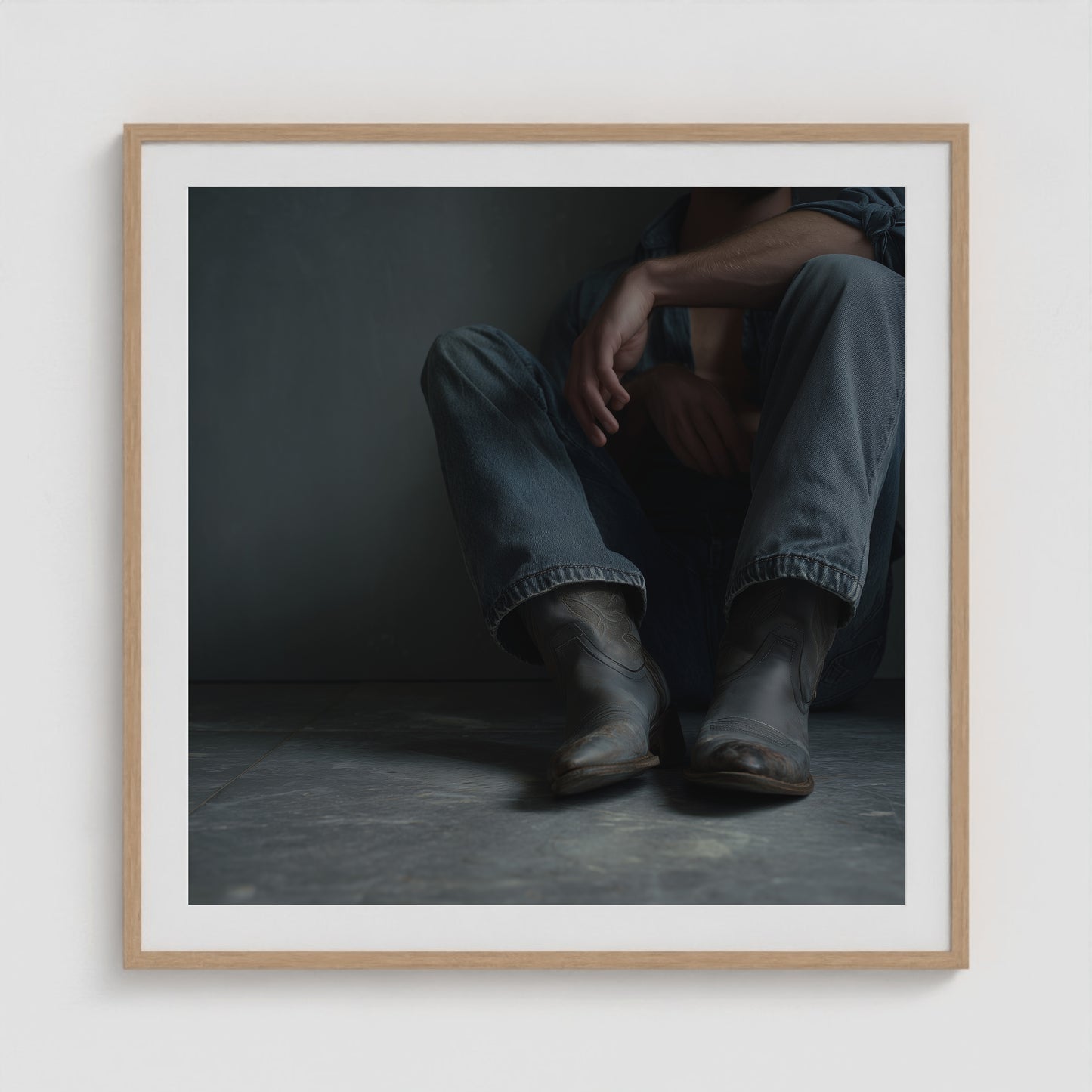 Contemplative Denim and Cowboy Boots Floor Portrait 36x36 Natural Box Frame Mockup