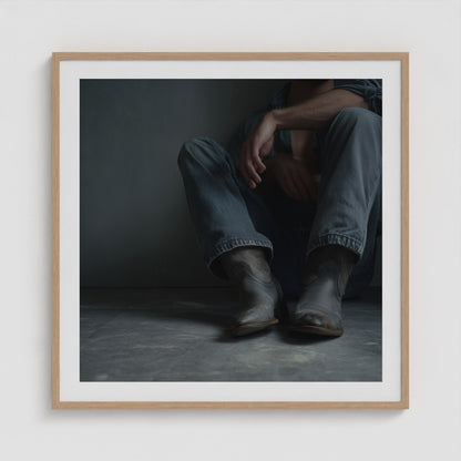 Contemplative Denim and Cowboy Boots Floor Portrait 36x36 Natural Box Frame Mockup