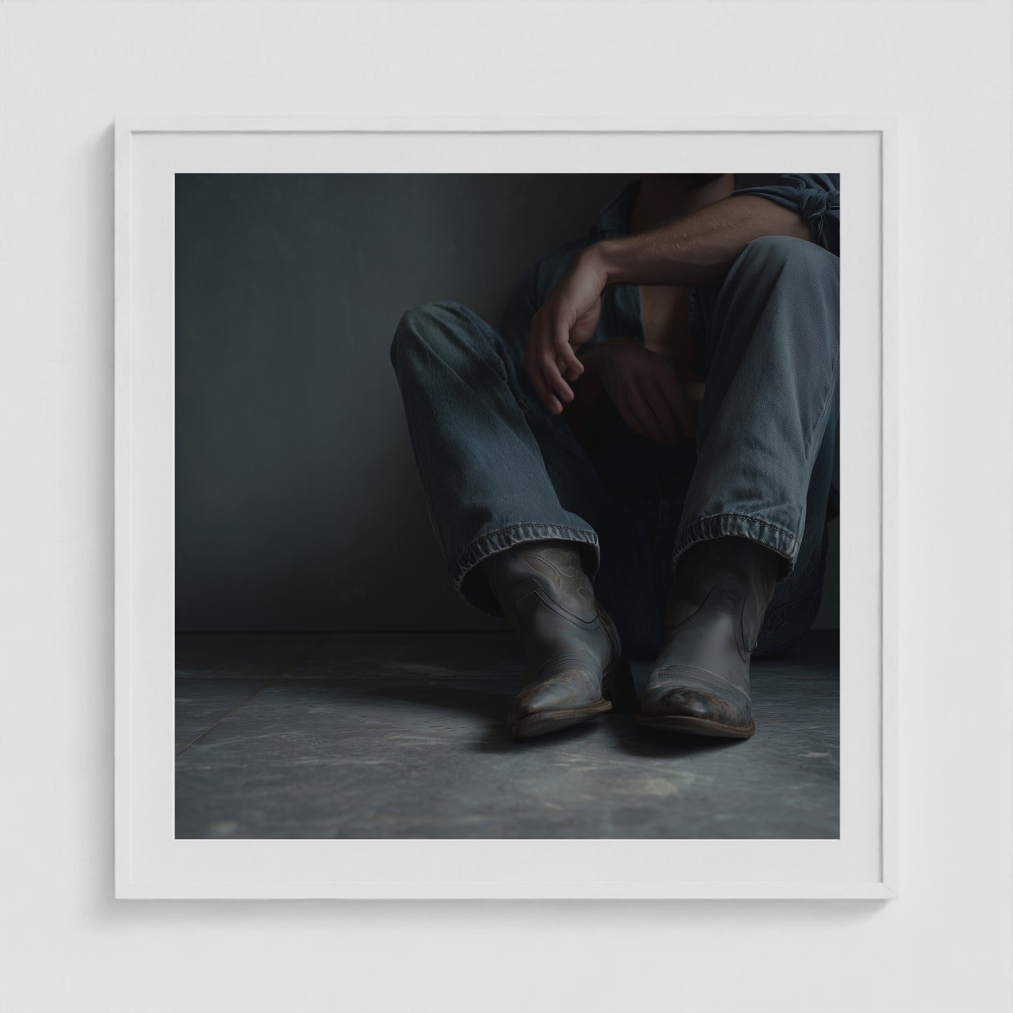 Contemplative Denim and Cowboy Boots Floor Portrait 36x36 White Box Frame Mockup