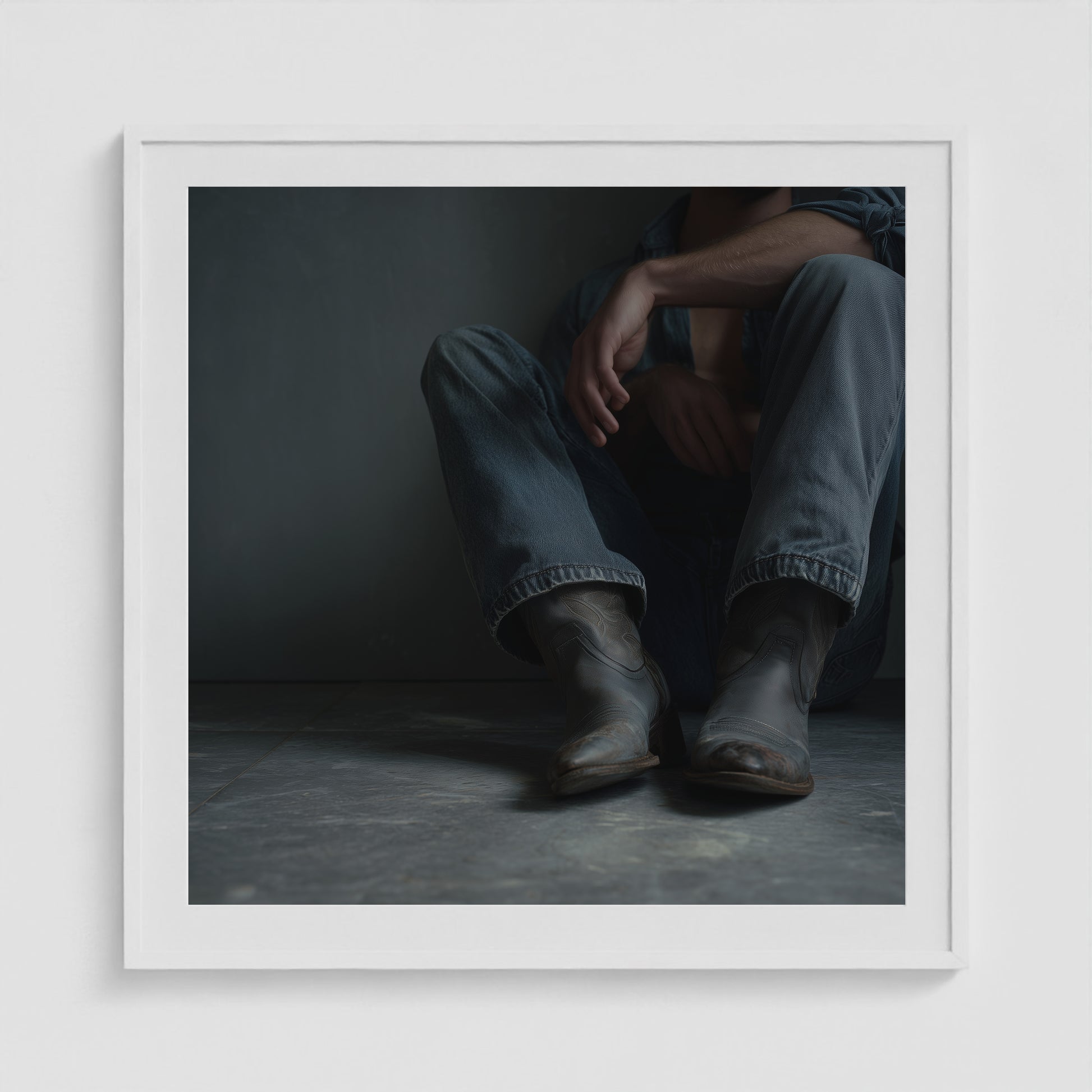 Contemplative Denim and Cowboy Boots Floor Portrait 36x36 White Box Frame Mockup