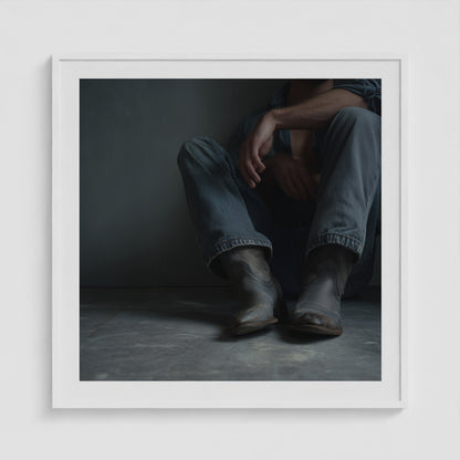 Contemplative Denim and Cowboy Boots Floor Portrait 36x36 White Box Frame Mockup