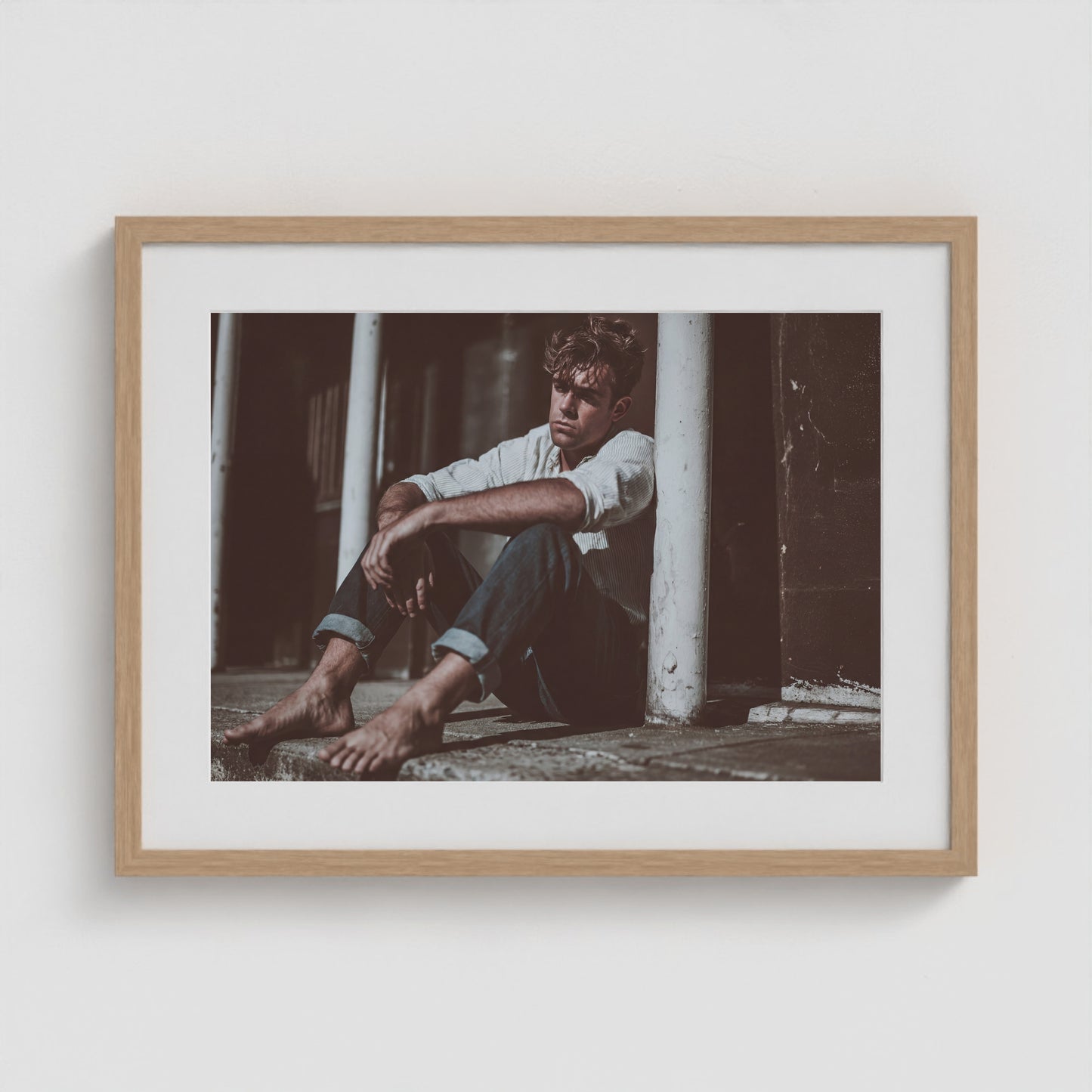 Contemplative Male Portrait in Soft Neutral Tones 24x18 Natural Box Frame Mockup