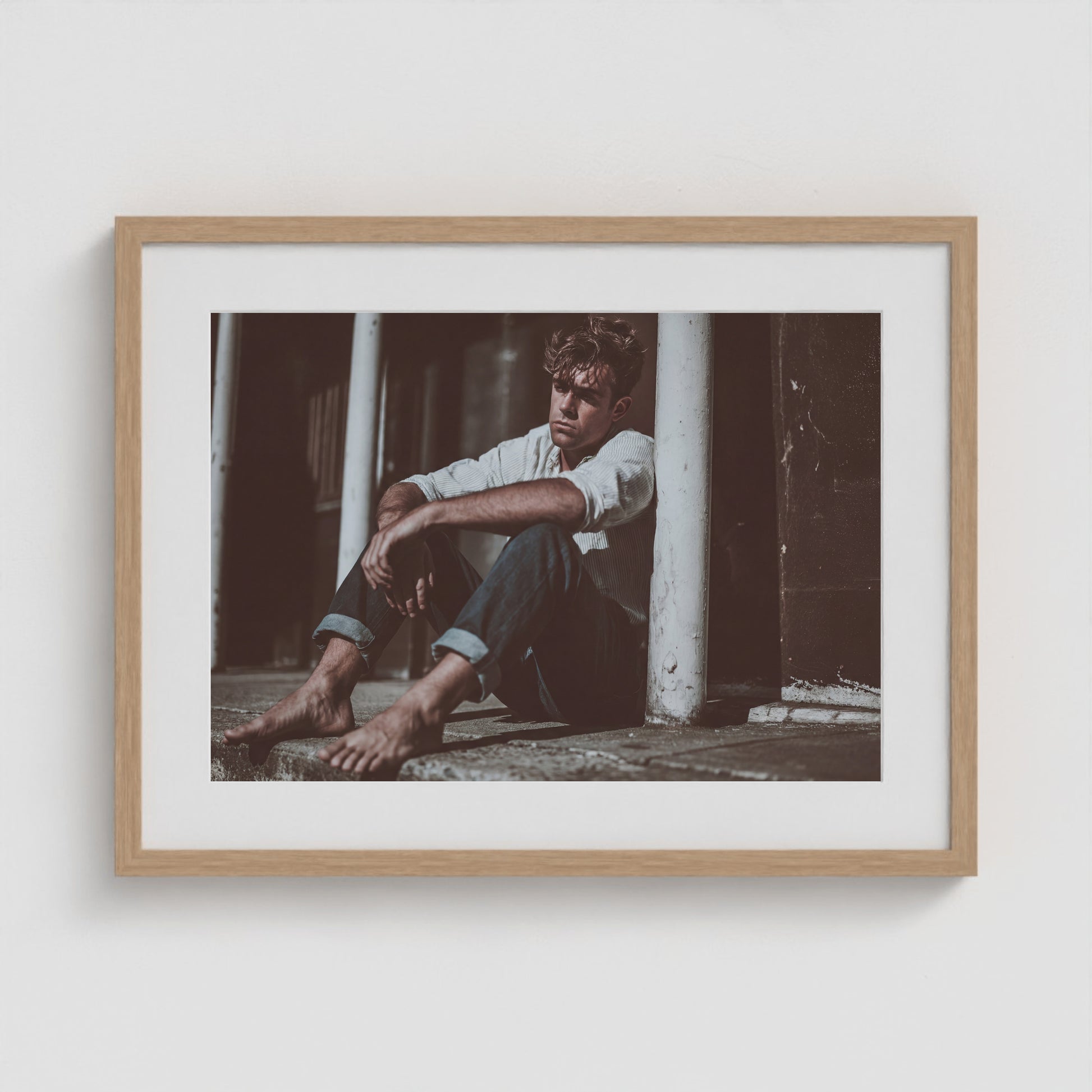 Contemplative Male Portrait in Soft Neutral Tones 24x18 Natural Box Frame Mockup