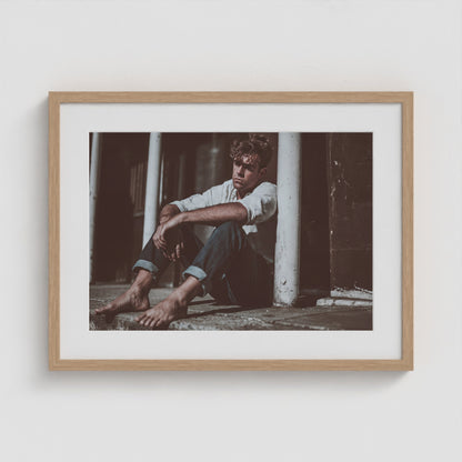 Contemplative Male Portrait in Soft Neutral Tones 24x18 Natural Box Frame Mockup