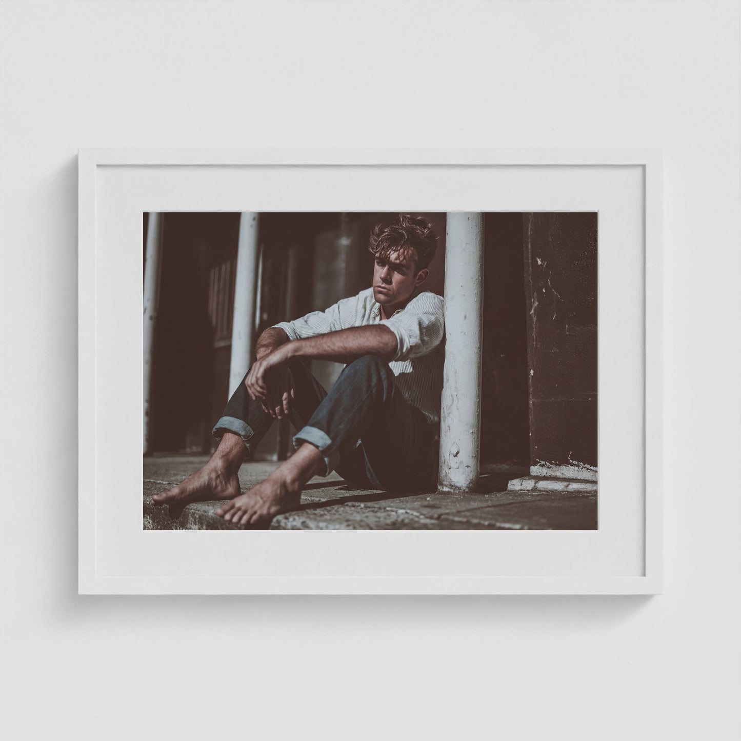 Contemplative Male Portrait in Soft Neutral Tones 24x18 White Box Frame Mockup