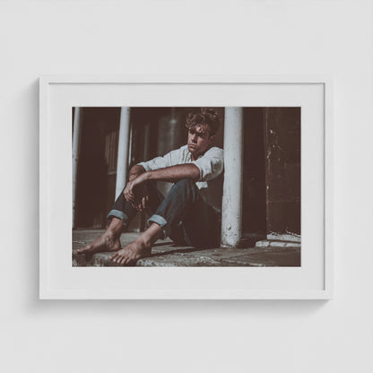 Contemplative Male Portrait in Soft Neutral Tones 24x18 White Box Frame Mockup