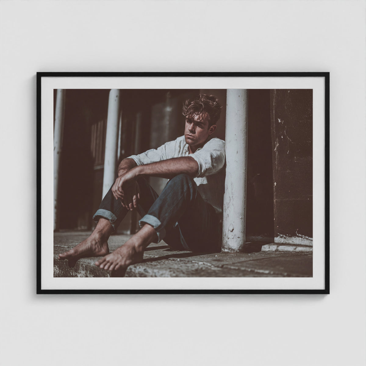 Contemplative Male Portrait in Soft Neutral Tones 48x36 Black Box Frame Mockup