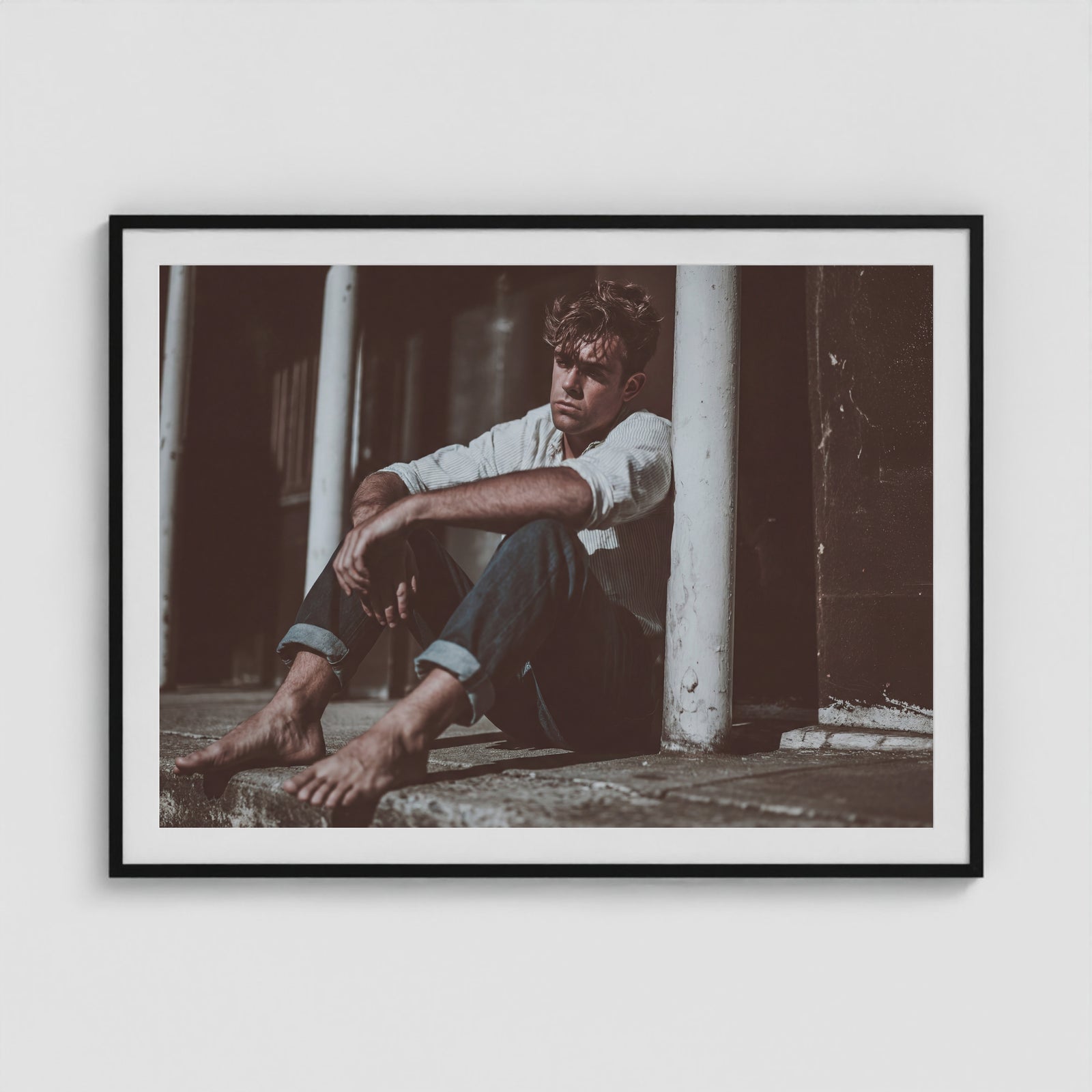 Contemplative Male Portrait in Soft Neutral Tones 48x36 Black Box Frame Mockup